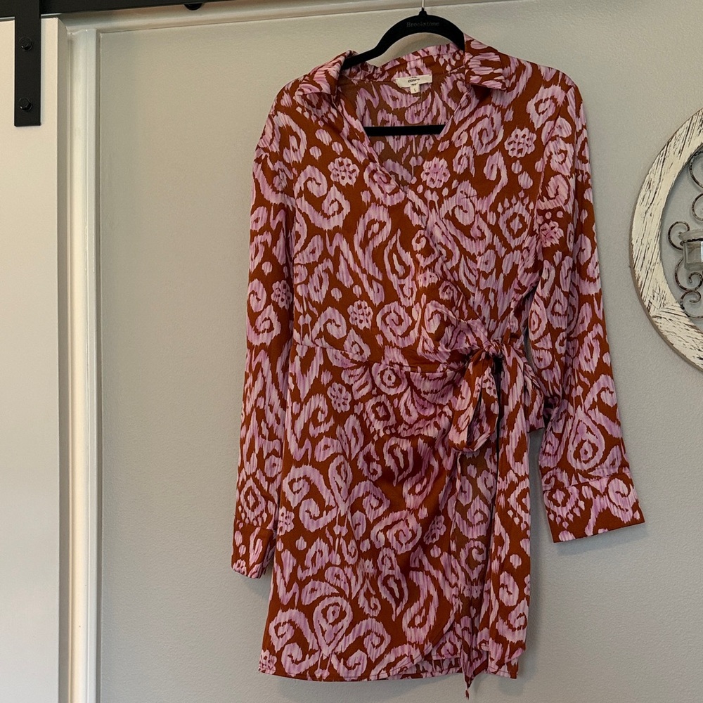 Entro Pink and Brown Patterned Long Sleeve Dress